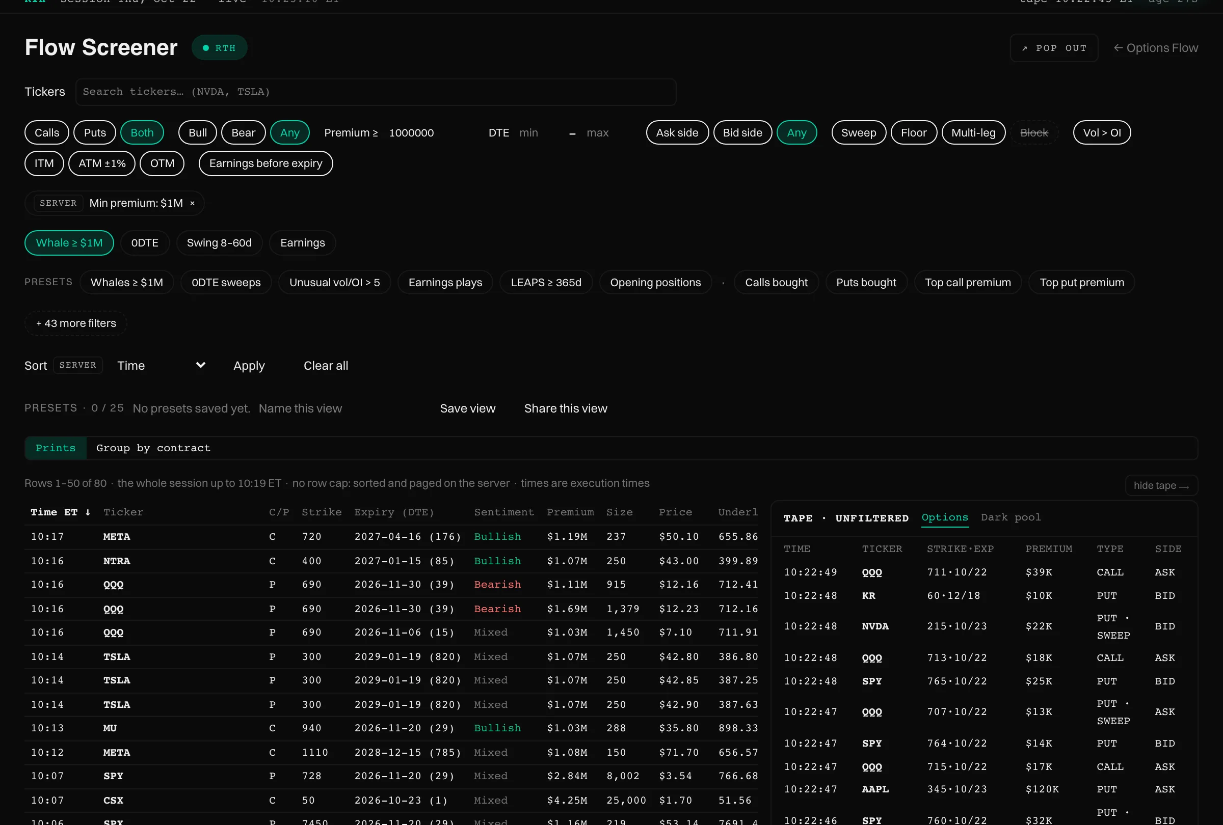 The options screener with a minimum premium filter applied and the matching trades listed